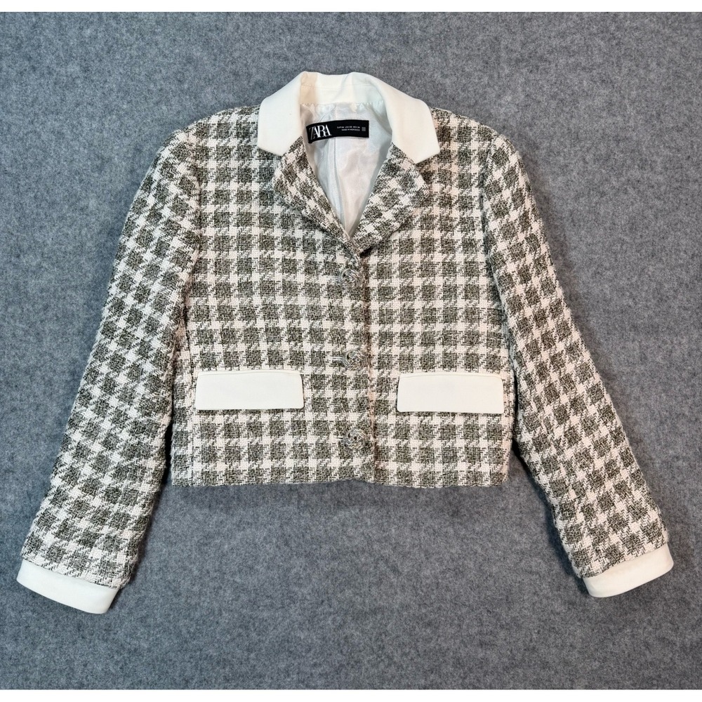 Zara Cropped Tweed Jacket Olive Green White Houndstooth Button Front XS
